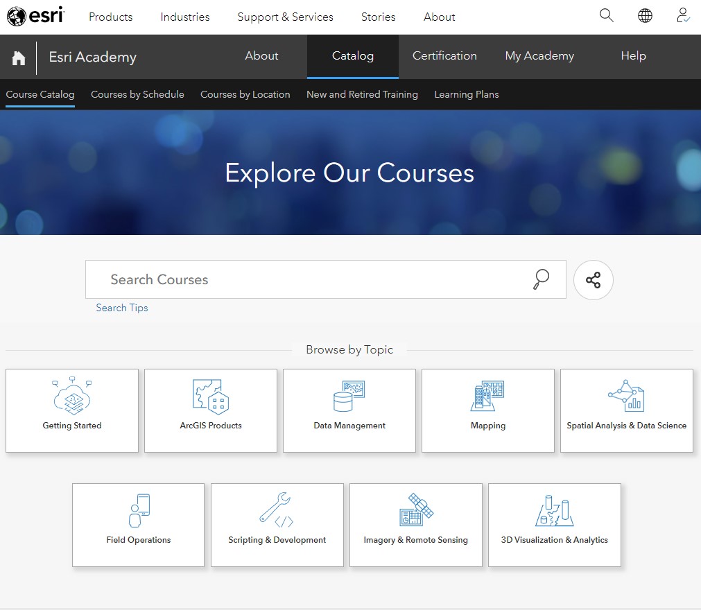 A picture of the course catalog page on the Esri trainings website.