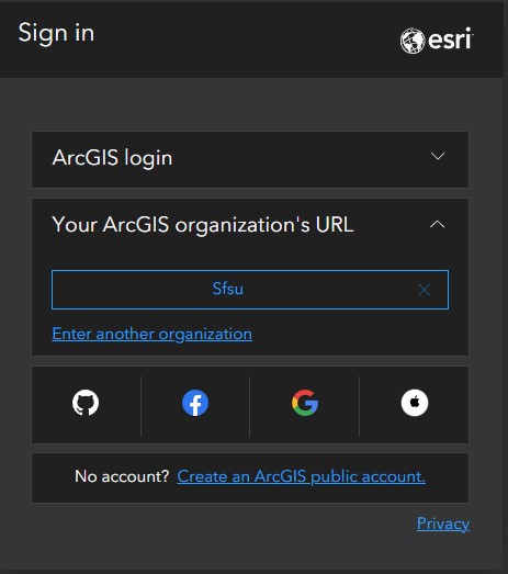 A screenshot of the ArcGIS login, with the SFSU organizational login being used.